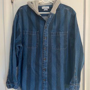 UO Printed Denim Hooded Button-Down Shirt